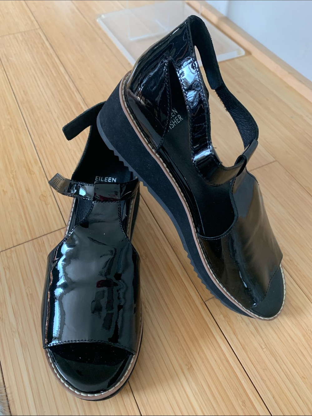 New Eileen Fisher Black Patent Leather Open-Toe Slingback Sandals